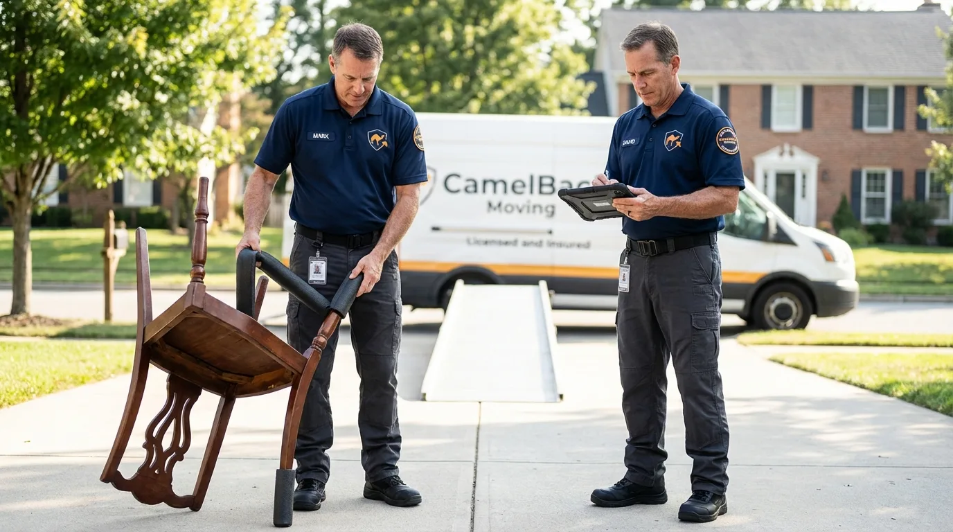 Movers inspecting furniture for damage prevention before loading in Quitman, GA