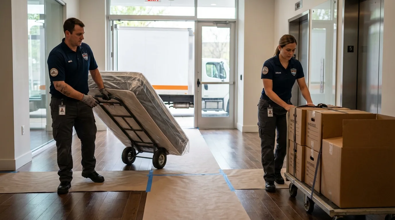 Professional apartment movers loading elevator in Quitman, GA